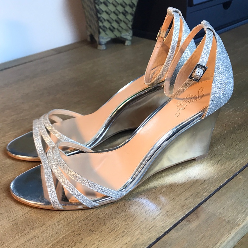 BADGLEY MISCHKA SILVER WEDGE HEELS